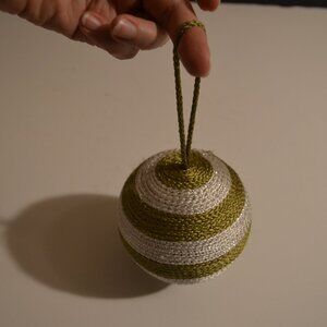 Holiday Ornament Handmade Green-white-Silver Yarn Cord Wrapped Around Ball 4'h